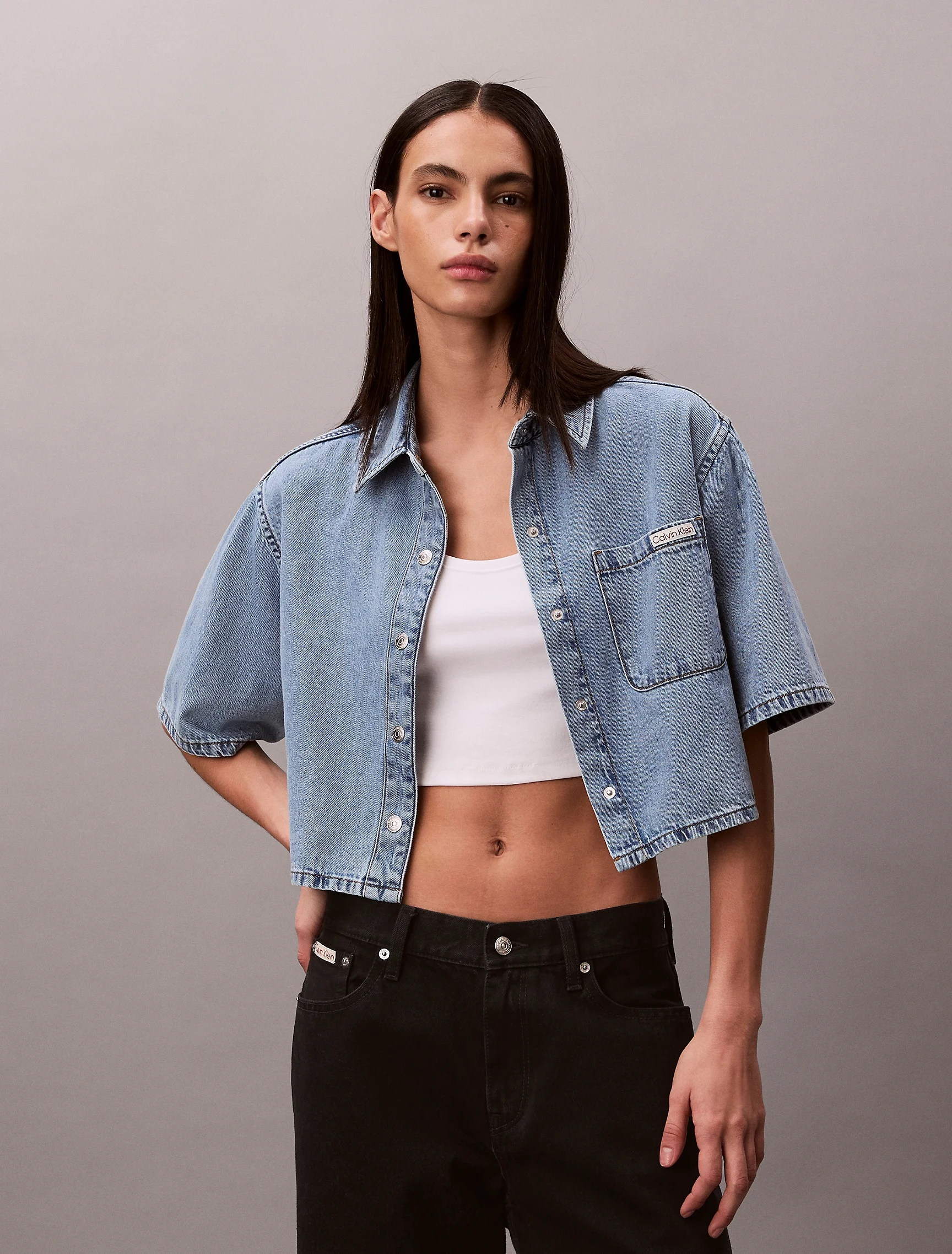 CK JEANS Áo Sơ Mi Nữ Boxy Cropped Denim Shirt
