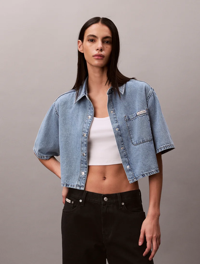 CK JEANS Áo Sơ Mi Nữ Boxy Cropped Denim Shirt