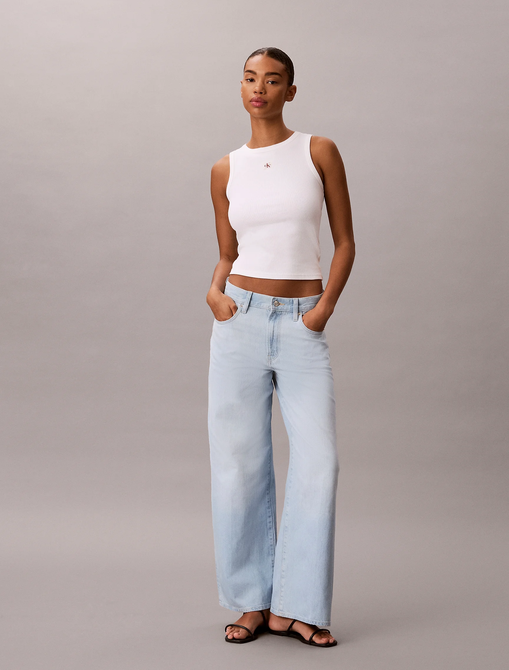 CK JEANS Quần Jeans Nữ Cotton Linen Wide Leg Jeans
