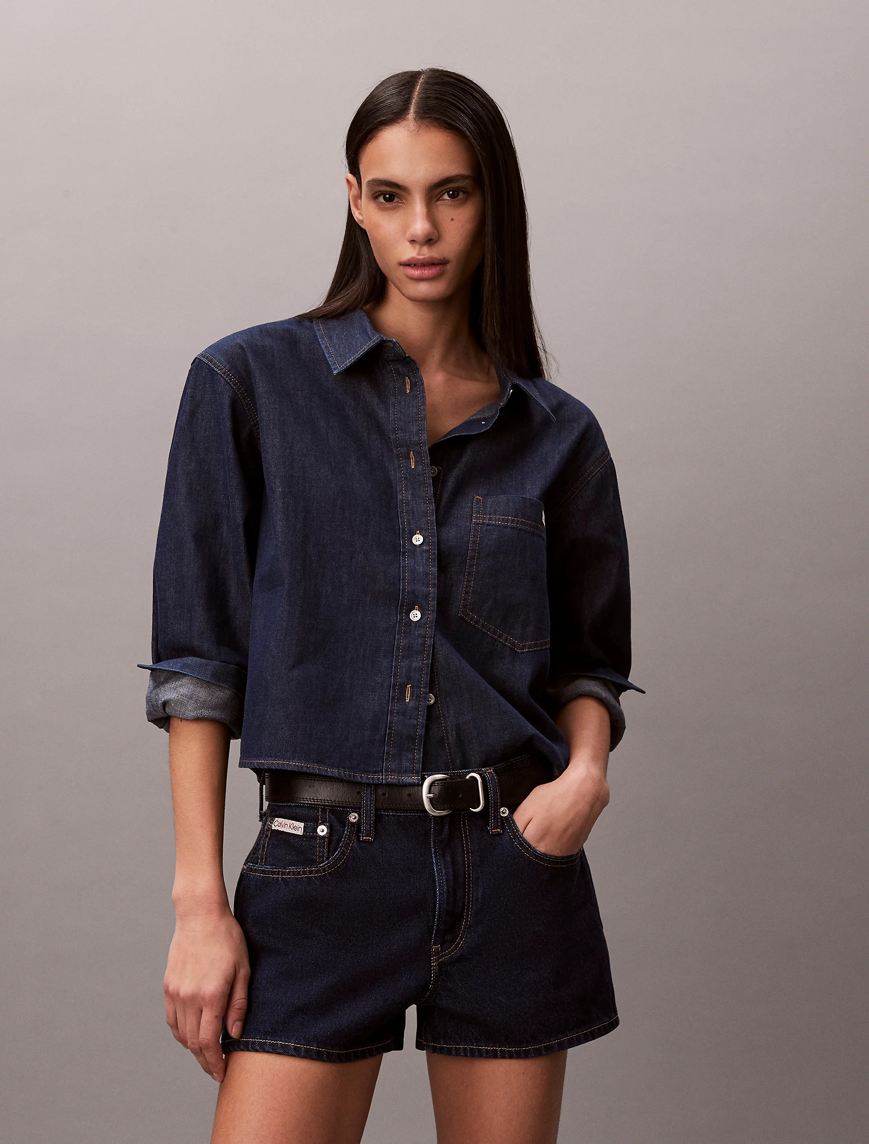 CK JEANS Áo Sơ Mi Nữ Cropped Denim Dad Shirt
