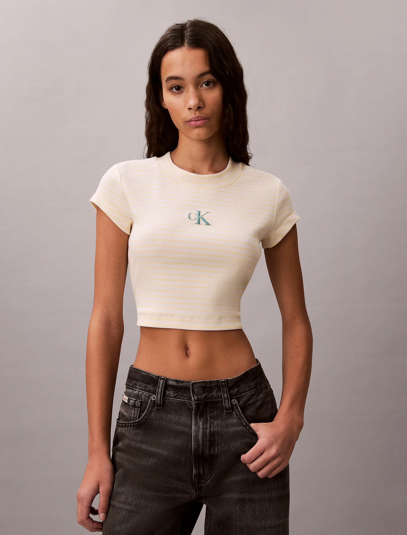 CK JEANS Áo Thun Nữ Striped Monologo Baby Rib Tee