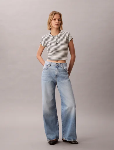 CK JEANS Áo Thun Nữ Striped Monologo Baby Rib Tee