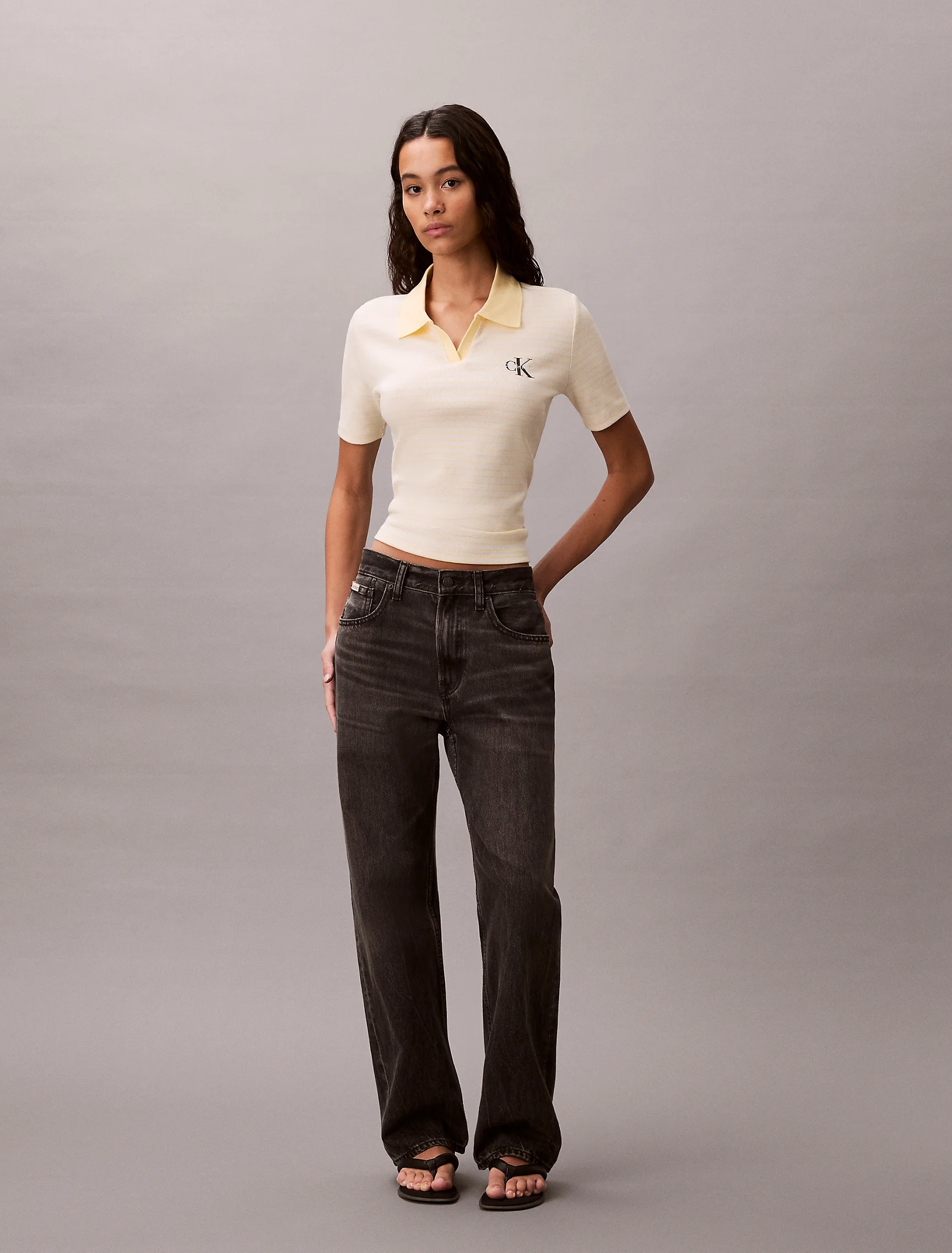 CK JEANS Áo Polo Nữ Monologo Stripe Rib Polo