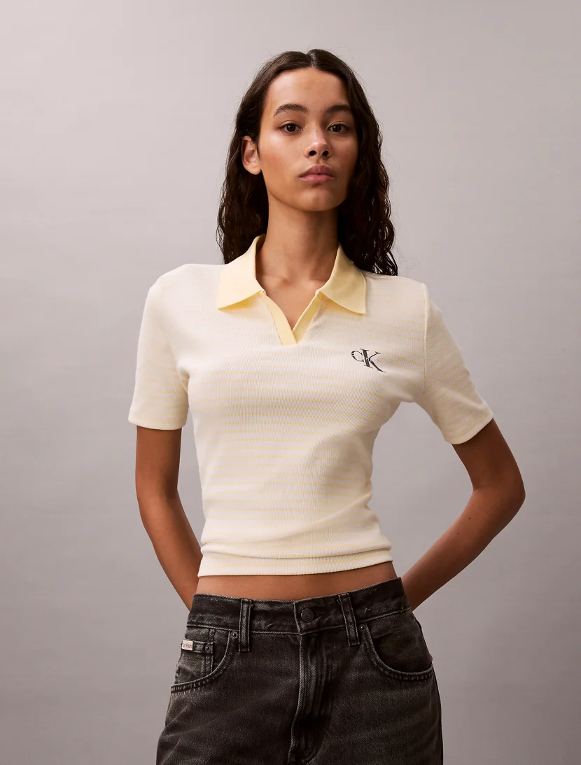 CK JEANS Áo Polo Nữ Monologo Stripe Rib Polo
