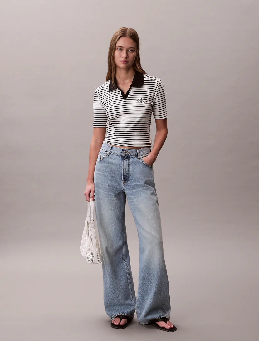 CK JEANS Áo Polo Nữ Monologo Stripe Rib Polo