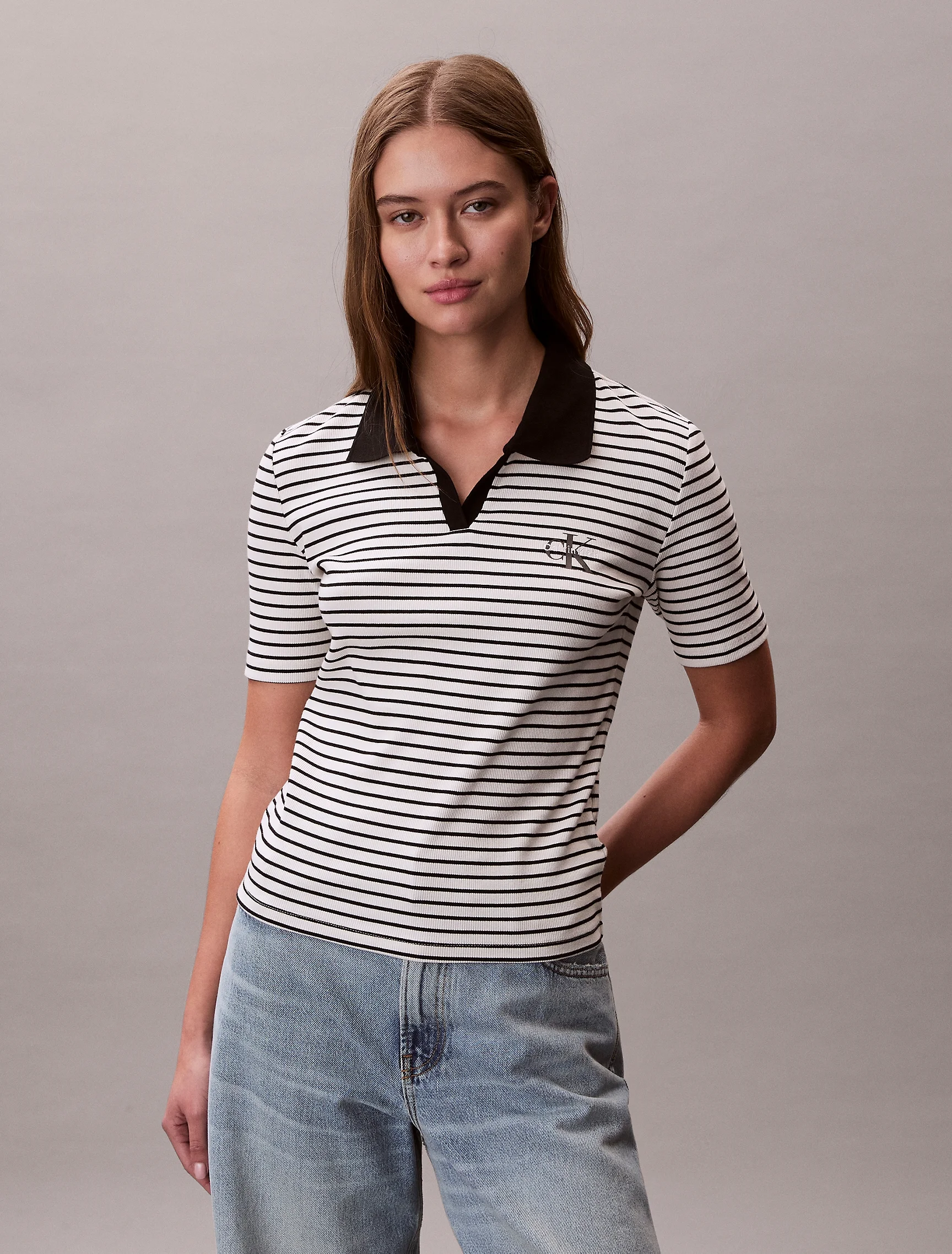 CK JEANS Áo Polo Nữ Monologo Stripe Rib Polo