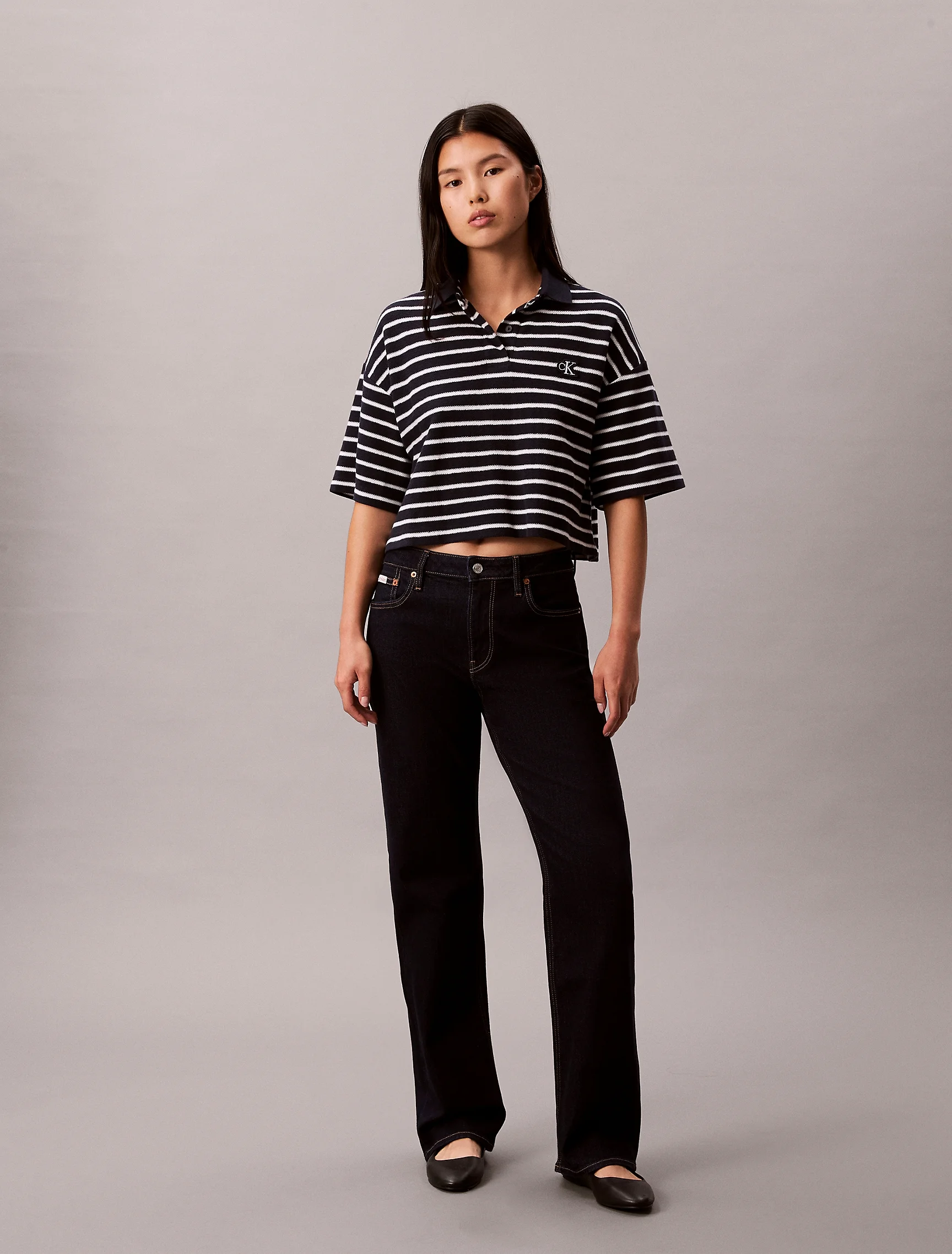CK JEANS Áo Polo Nữ Cropped Pique Striped Polo