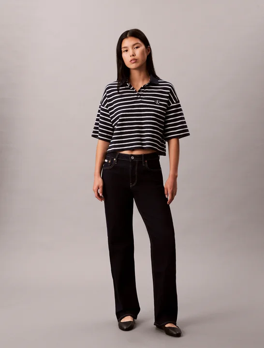 CK JEANS Áo Polo Nữ Cropped Pique Striped Polo