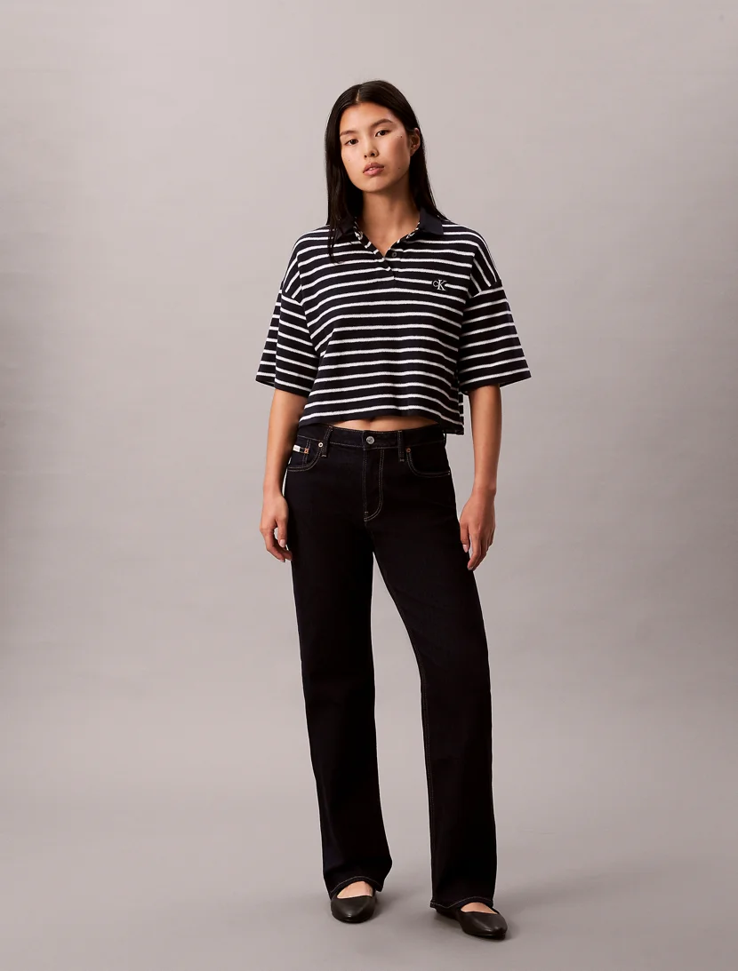 CK JEANS Áo Polo Nữ Cropped Pique Striped Polo