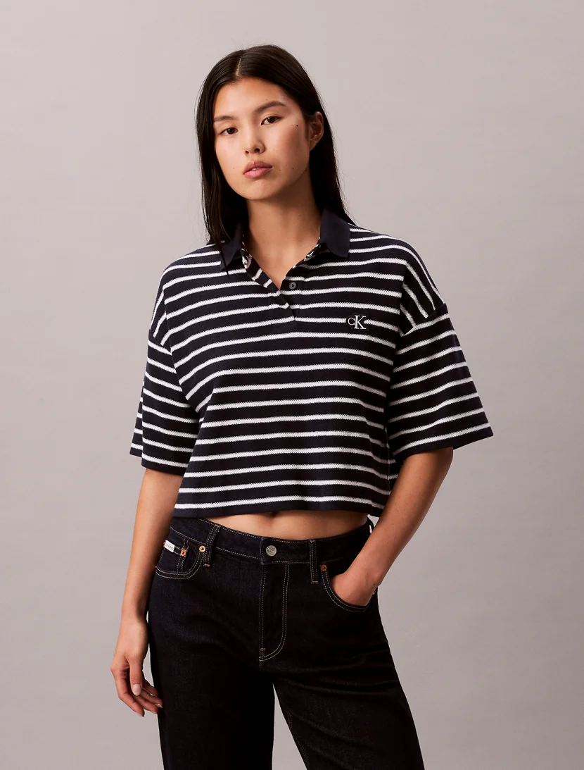CK JEANS Áo Polo Nữ Cropped Pique Striped Polo