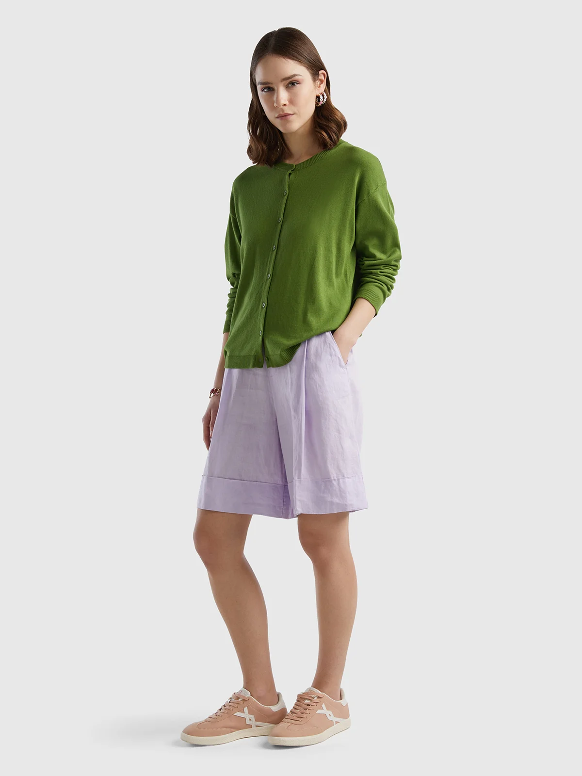 UNITED COLORS OF BENETTON Quần Ngắn Nữ 100% Linen Bermudas With Cuffs