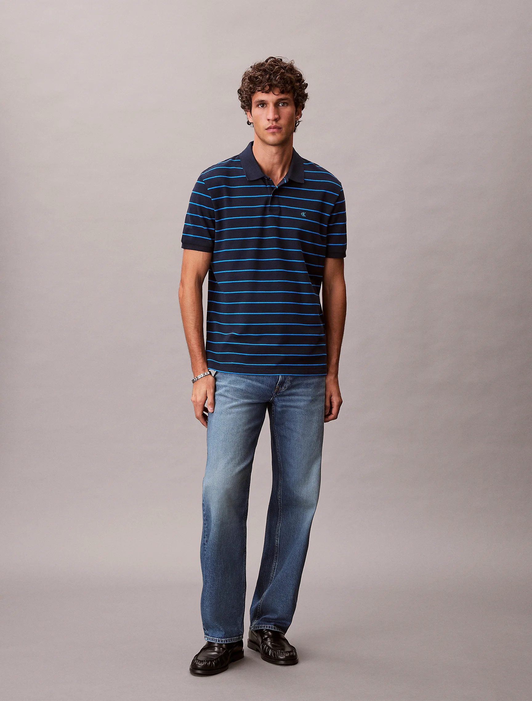 CK JEANS Áo Polo Nam SS Striped Pique Monogram Polo
