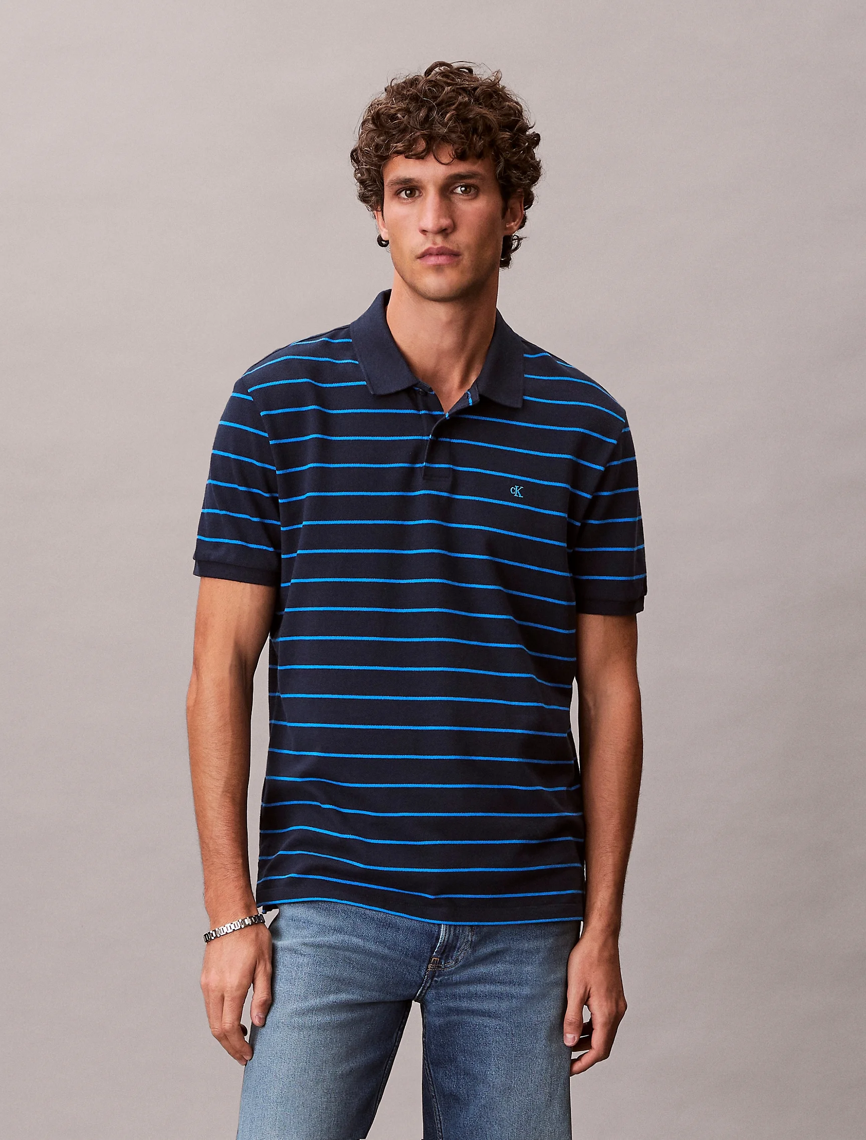 CK JEANS Áo Polo Nam SS Striped Pique Monogram Polo