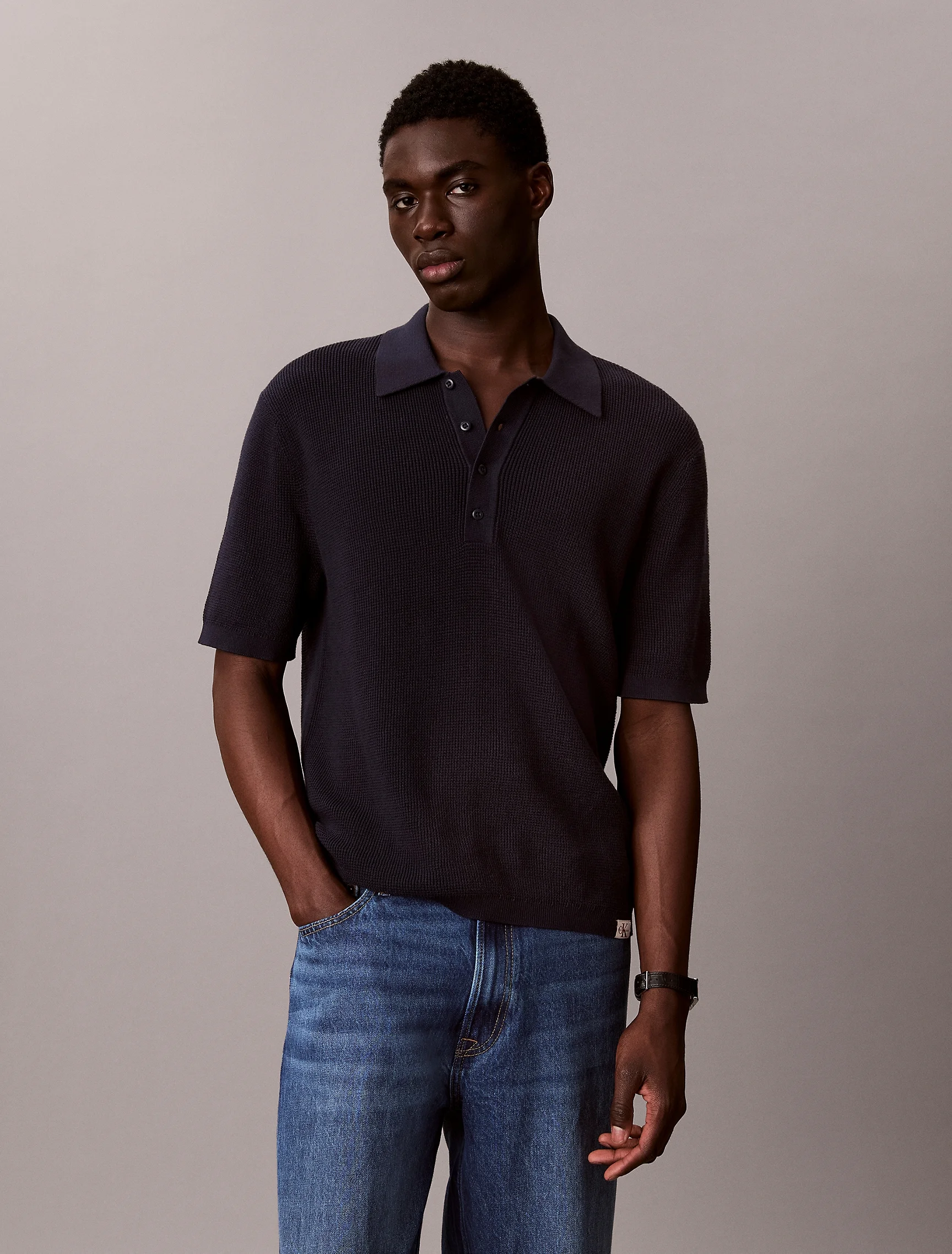 CK JEANS Áo Len Nam Waffle Knit Polo Shirt