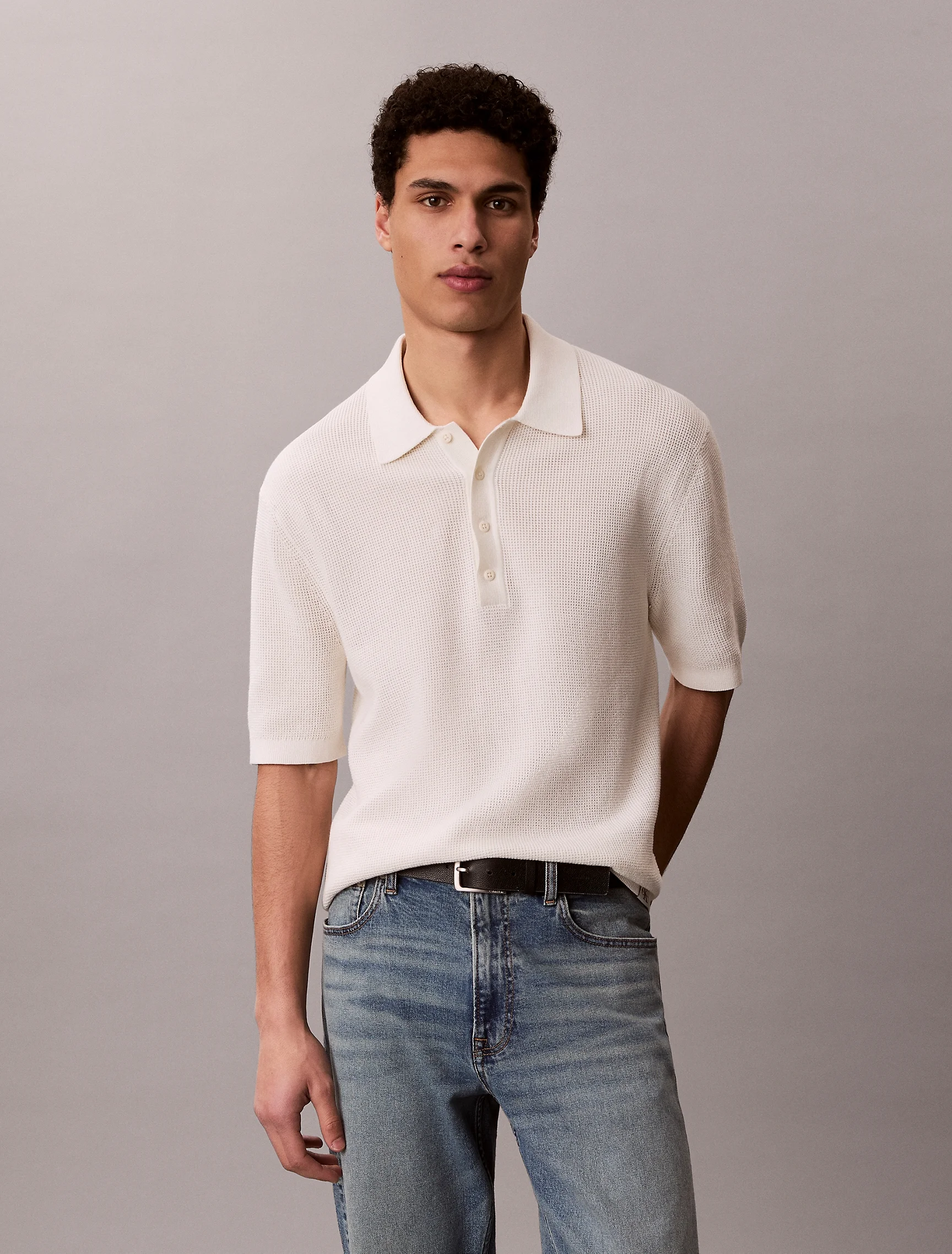 CK JEANS Áo Len Nam Waffle Knit Polo Shirt