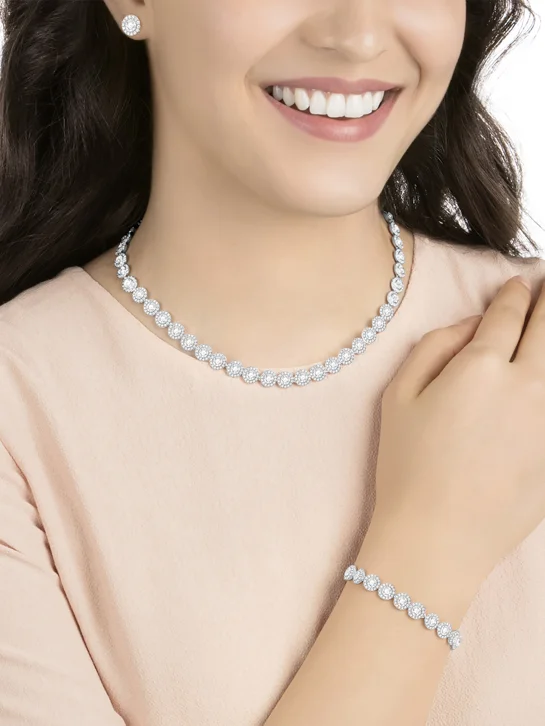 SWAROVSKI Bộ Trang Sức Angelic Set, Round Cut, White, Rhodium Plated