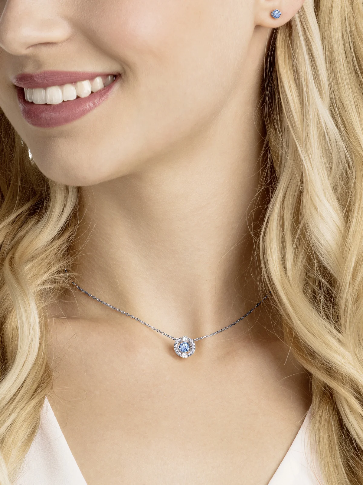 SWAROVSKI Bộ Trang Sức Swarovski Sparkling Dance Set, Round Cut, Blue, Rhodium Plated