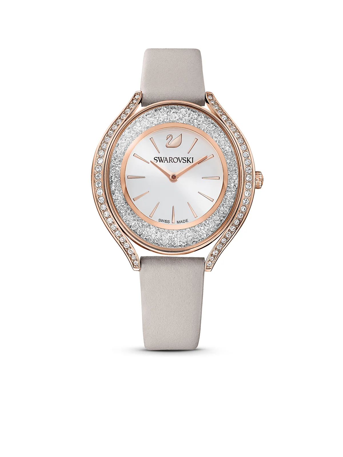 SWAROVSKI Đồng Hồ Crystalline Aura, Leather Strap, Gray, Rose Gold-Tone Finish