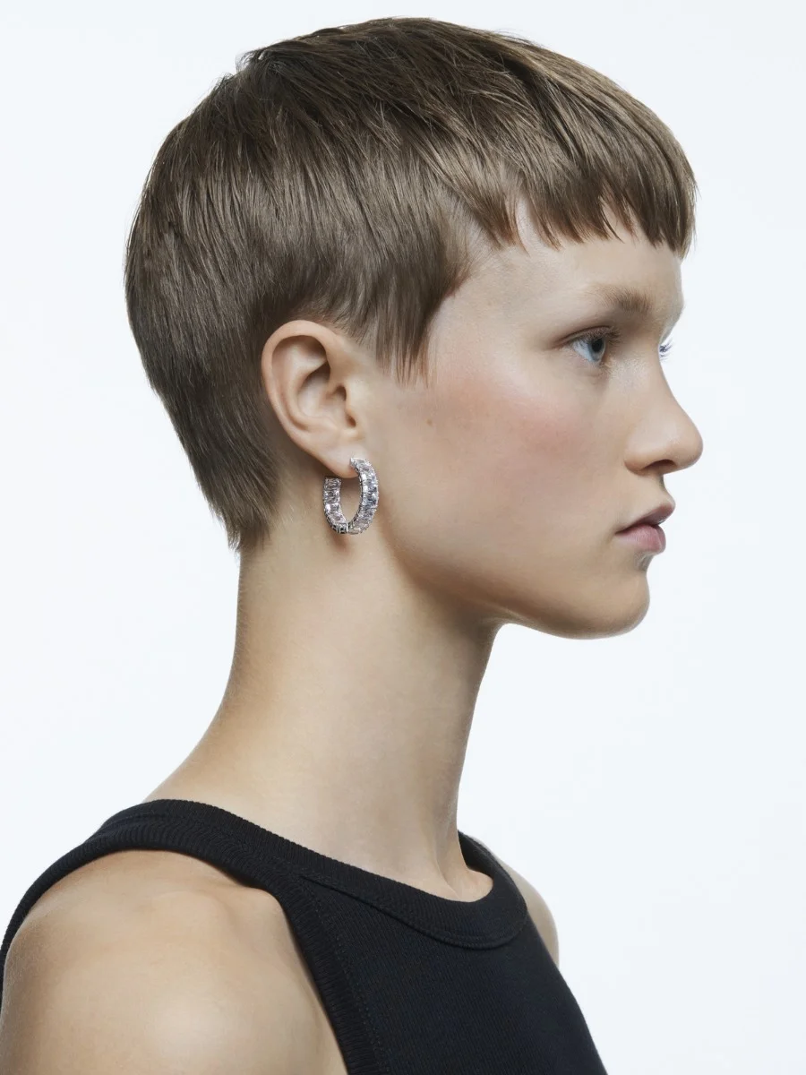 SWAROVSKI Bông Tai Millenia, Hoop Earrings, Octagon Cut, White, Rhodium Plated