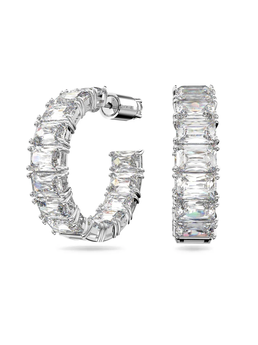 SWAROVSKI Bông Tai Millenia, Hoop Earrings, Octagon Cut, White, Rhodium Plated