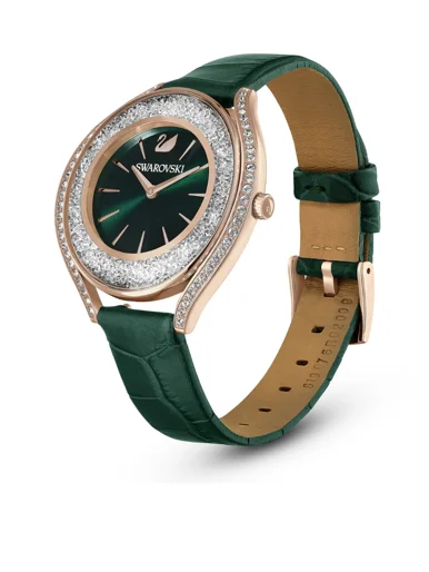 SWAROVSKI Đồng Hồ Crystalline Aura, Leather Strap, Green, Rose Gold-Tone Finish