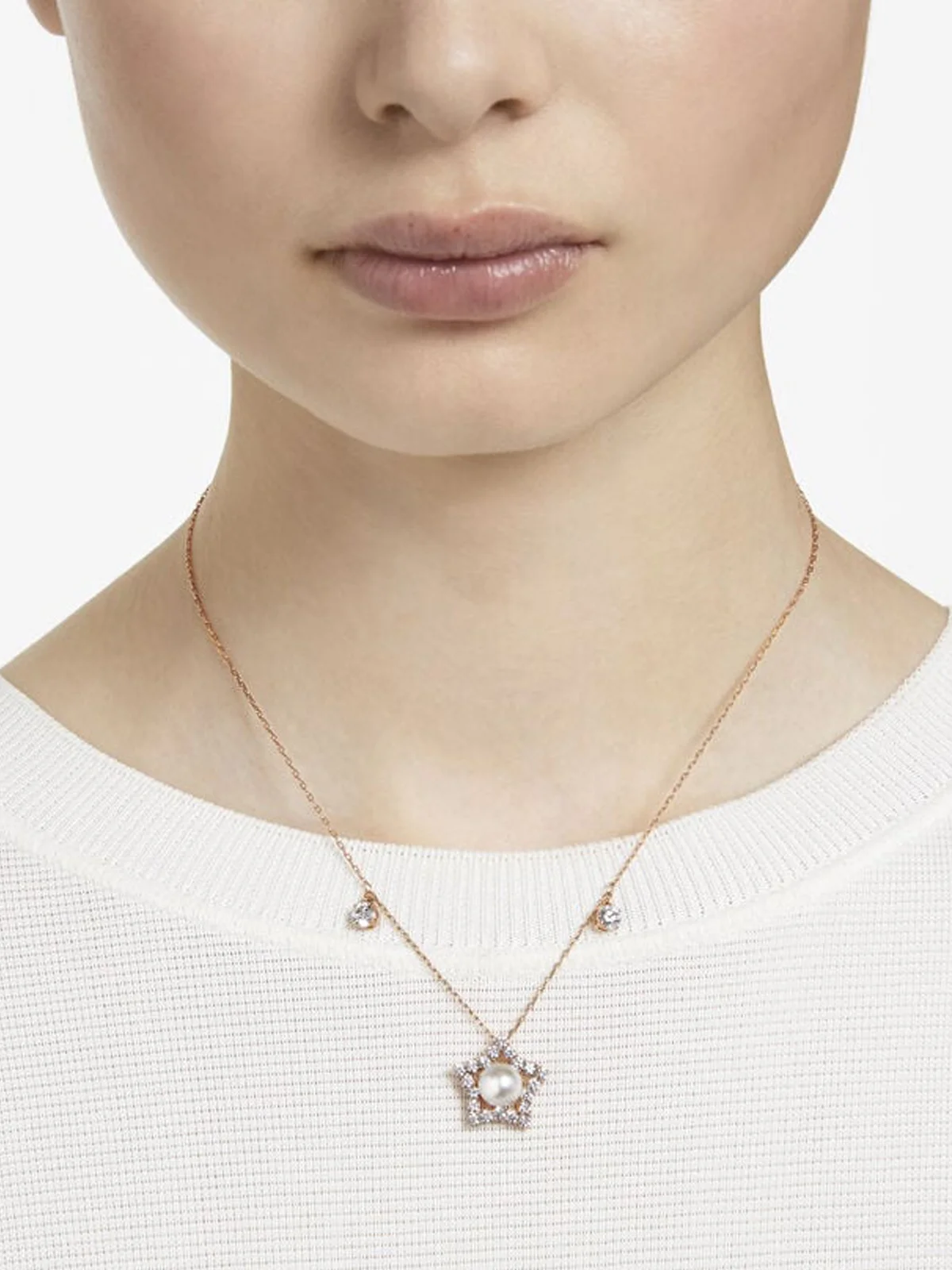 SWAROVSKI Vòng Cổ Stella, Crystal Pearls, Star, White, Rose Gold-Tone Plated