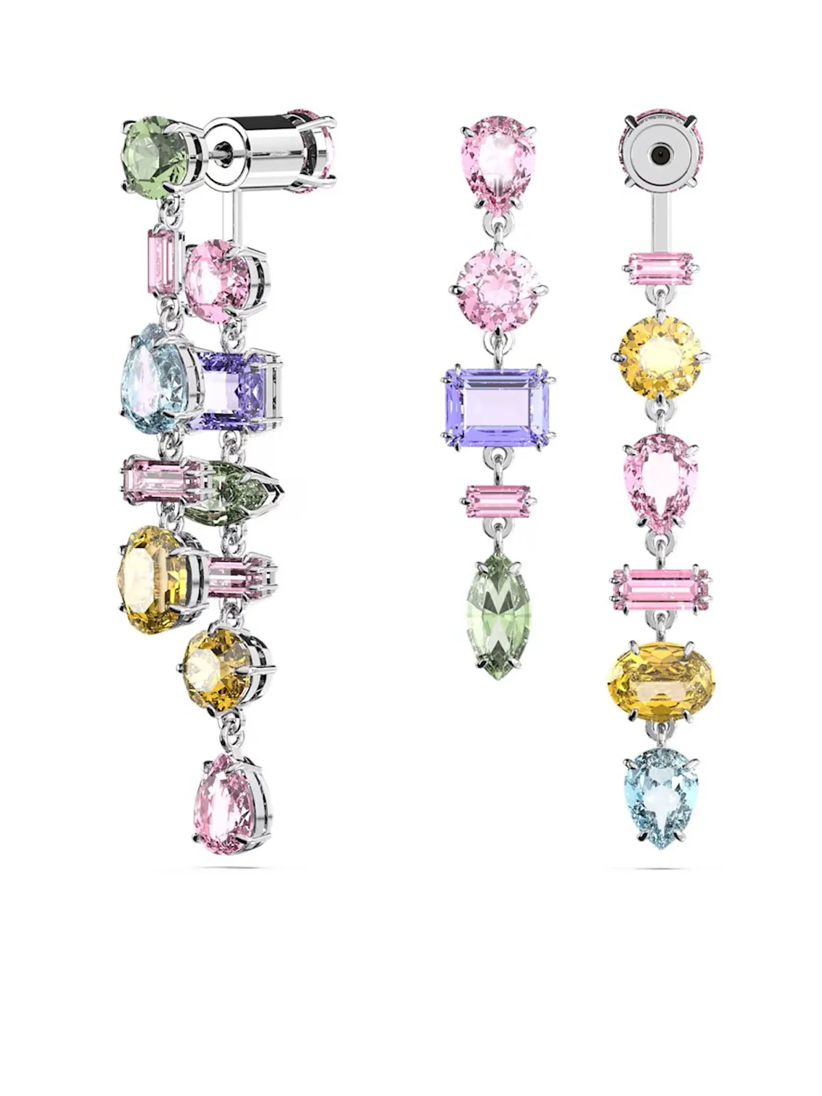 SWAROVSKI Bông Tai Gema Drop, Asymmetrical Design, Mixed Cuts, Long, Multicolored, Rhodium Plated
