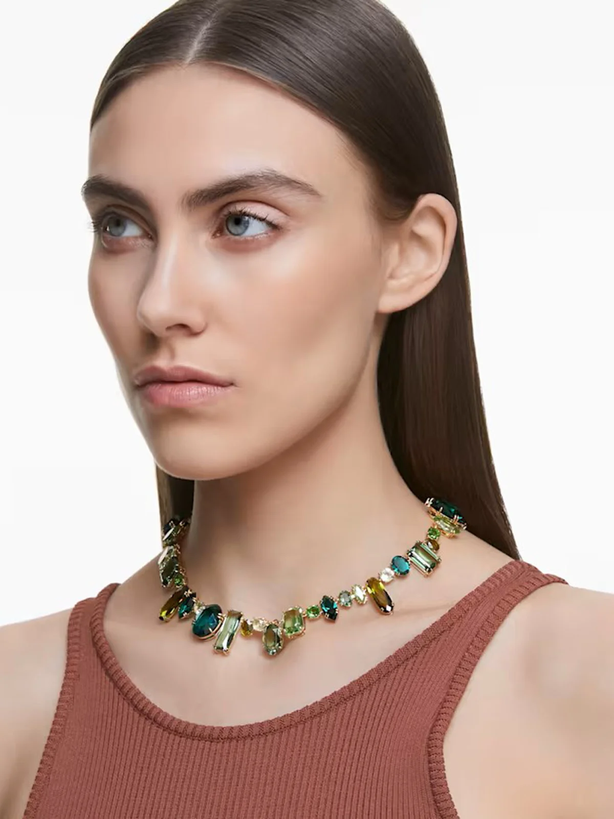 SWAROVSKI Vòng Cổ Gema, Mixed Cuts, Green, Gold-Tone Plated