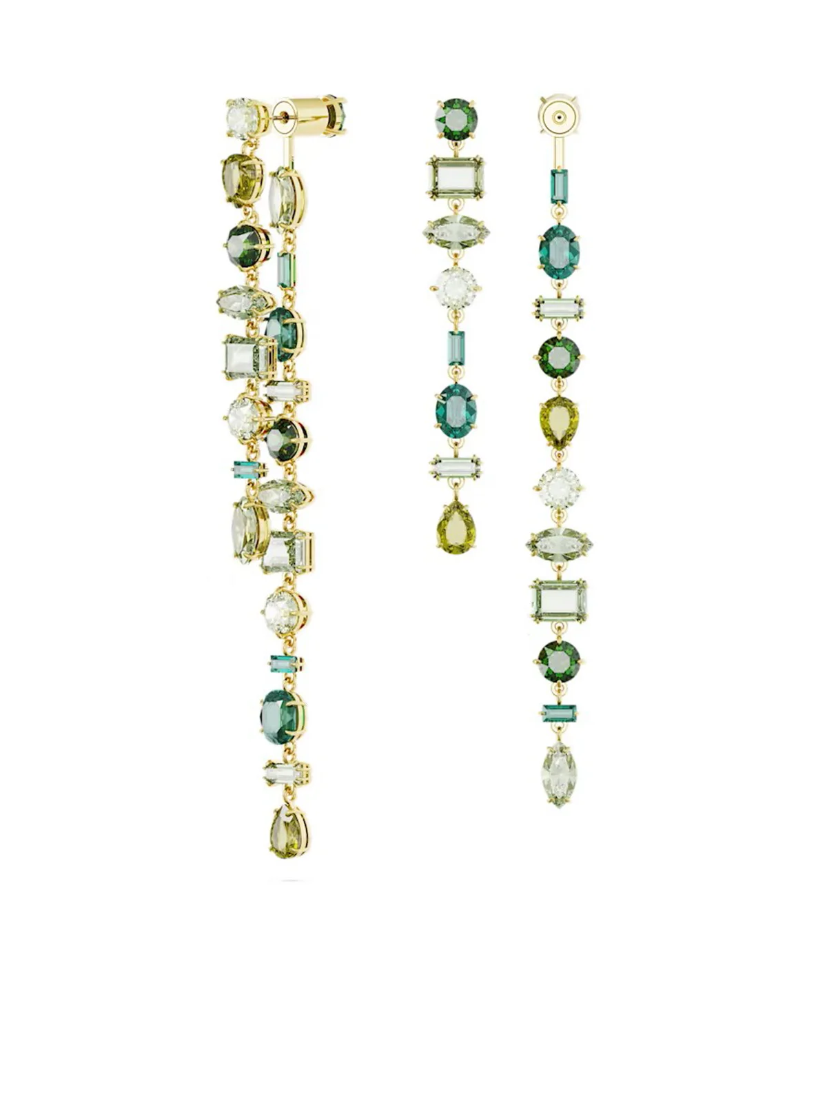 SWAROVSKI Bông Tai Gema Drop, Asymmetrical Design, Mixed Cuts, Extra Long, Green, Gold-Tone Plated