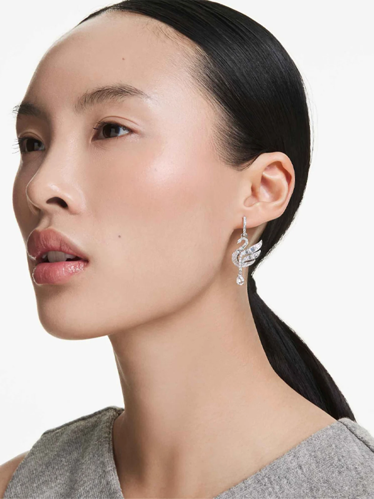 SWAROVSKI Bông Tai Swan:Pe Whi/Rhs