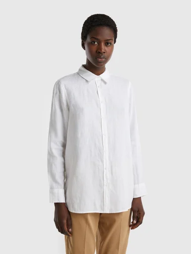 UNITED COLORS OF BENETTON Áo Sơ Mi Nữ Long Shirt In Pure Linen