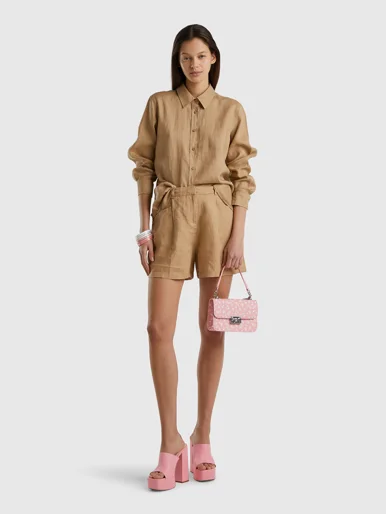 UNITED COLORS OF BENETTON Áo Sơ Mi Nữ Long Shirt In Pure Linen