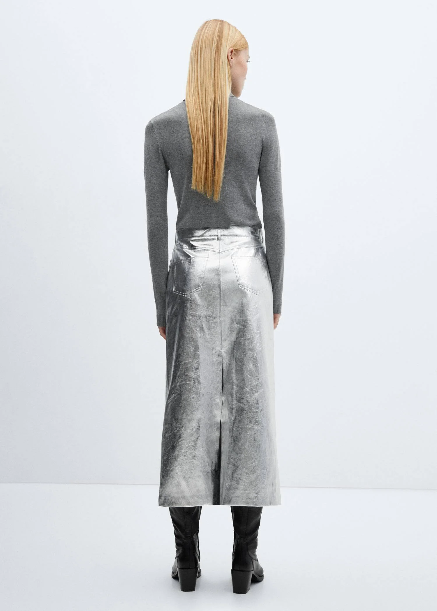 MANGO Chân Váy Nữ Silver2