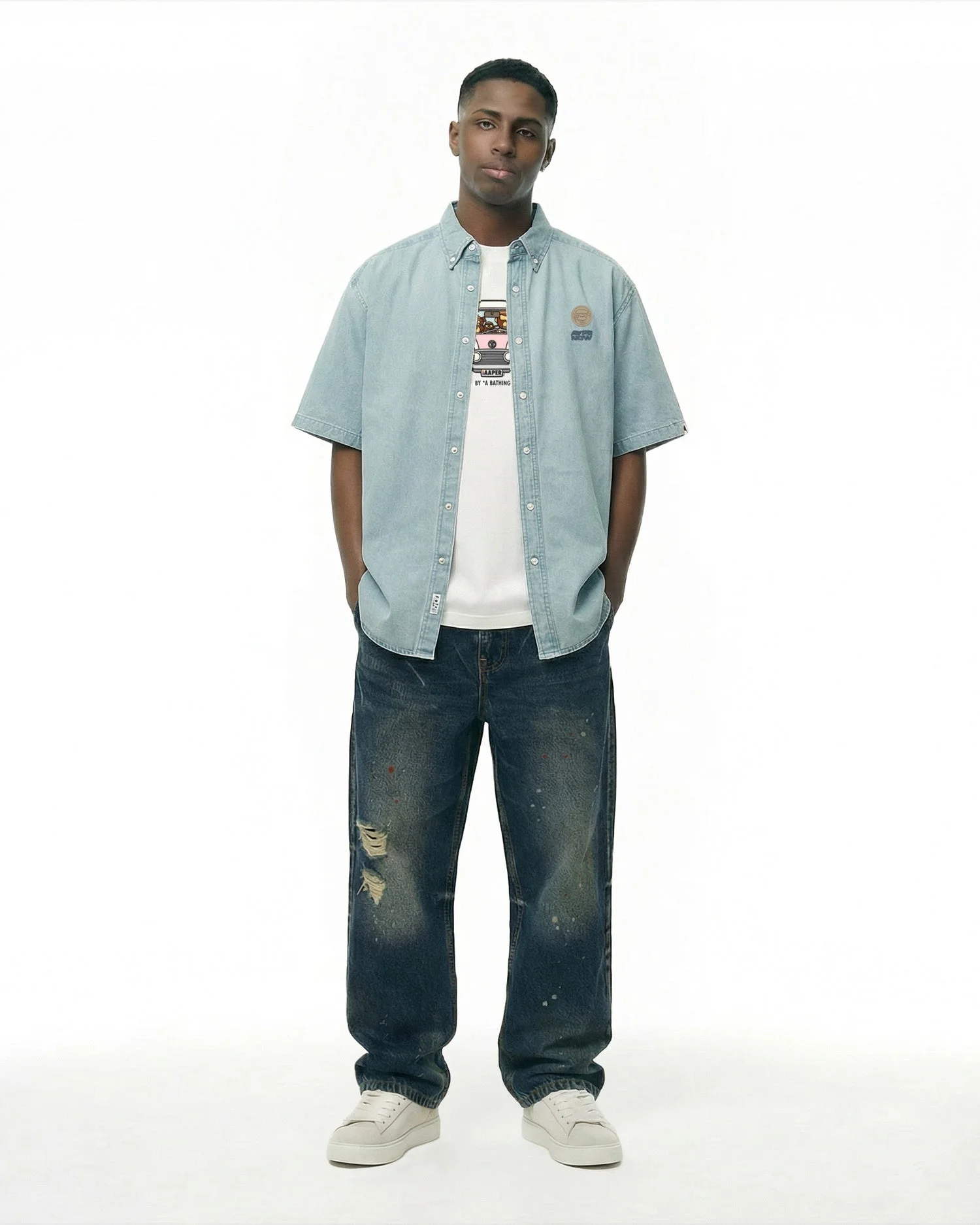 AAPE Áo Sơmi Ngắn Tay Nam - AAPENOW denim short sleeve shirt