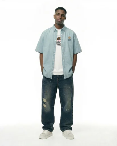 AAPE Áo Sơmi Ngắn Tay Nam - AAPENOW denim short sleeve shirt