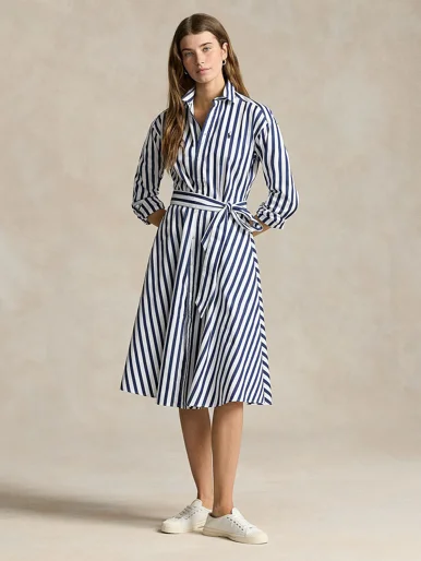 POLO RALPH LAUREN Đầm Nữ Belted Wide-Stripe Cotton Shirtdress