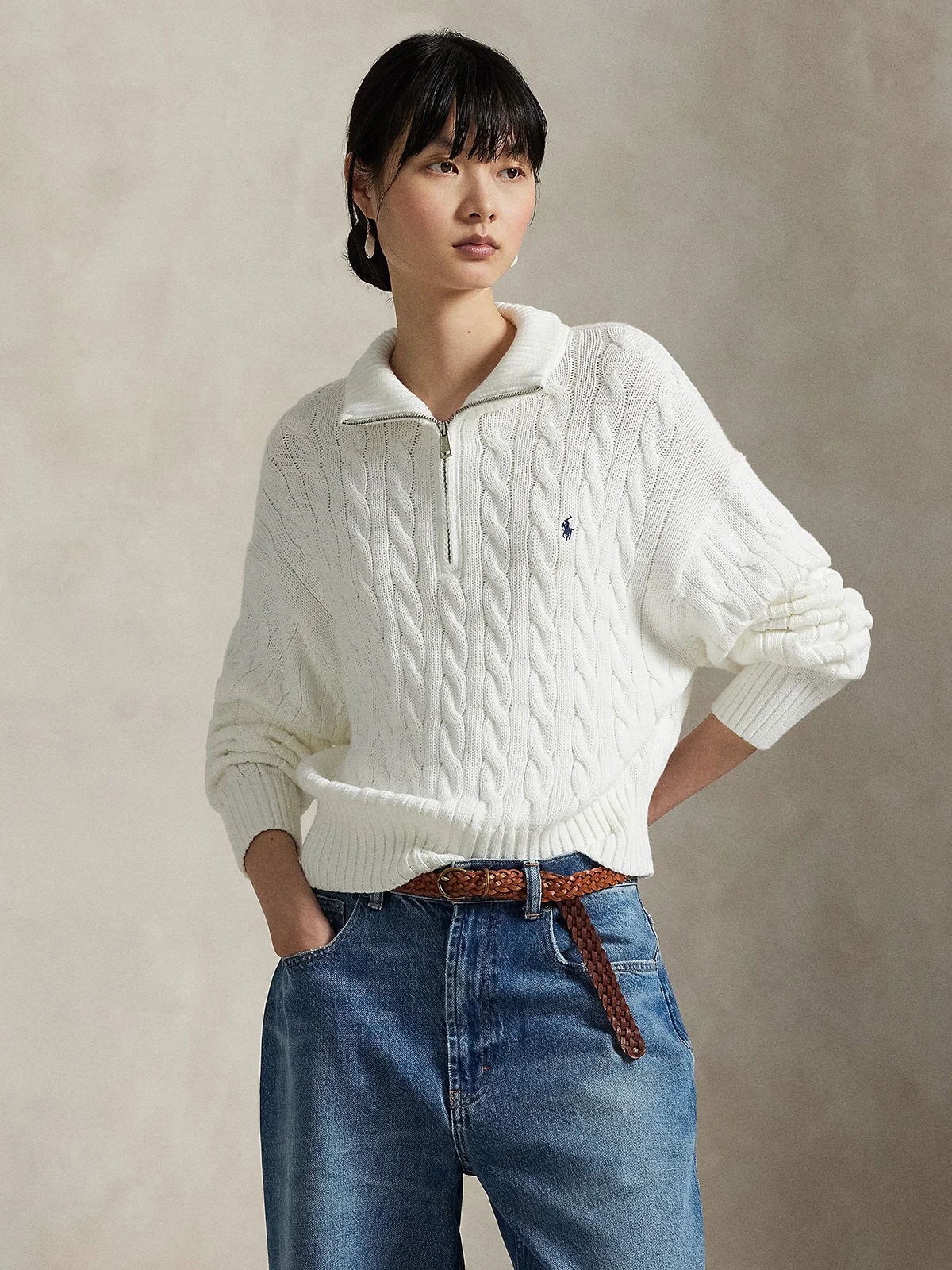 POLO RALPH LAUREN Áo Sweater Nữ Tay Dài Cable-Knit Cotton Quarter-Zip Sweater