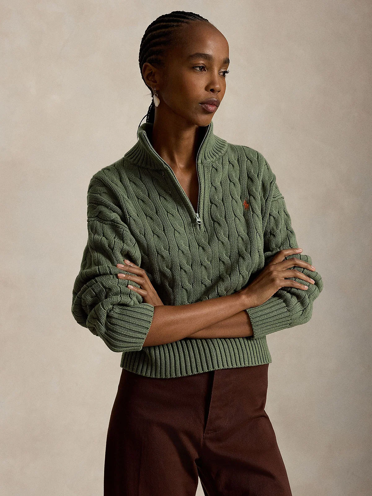 POLO RALPH LAUREN Áo Sweater Nữ Tay Dài Cable-Knit Cotton Quarter-Zip Sweater