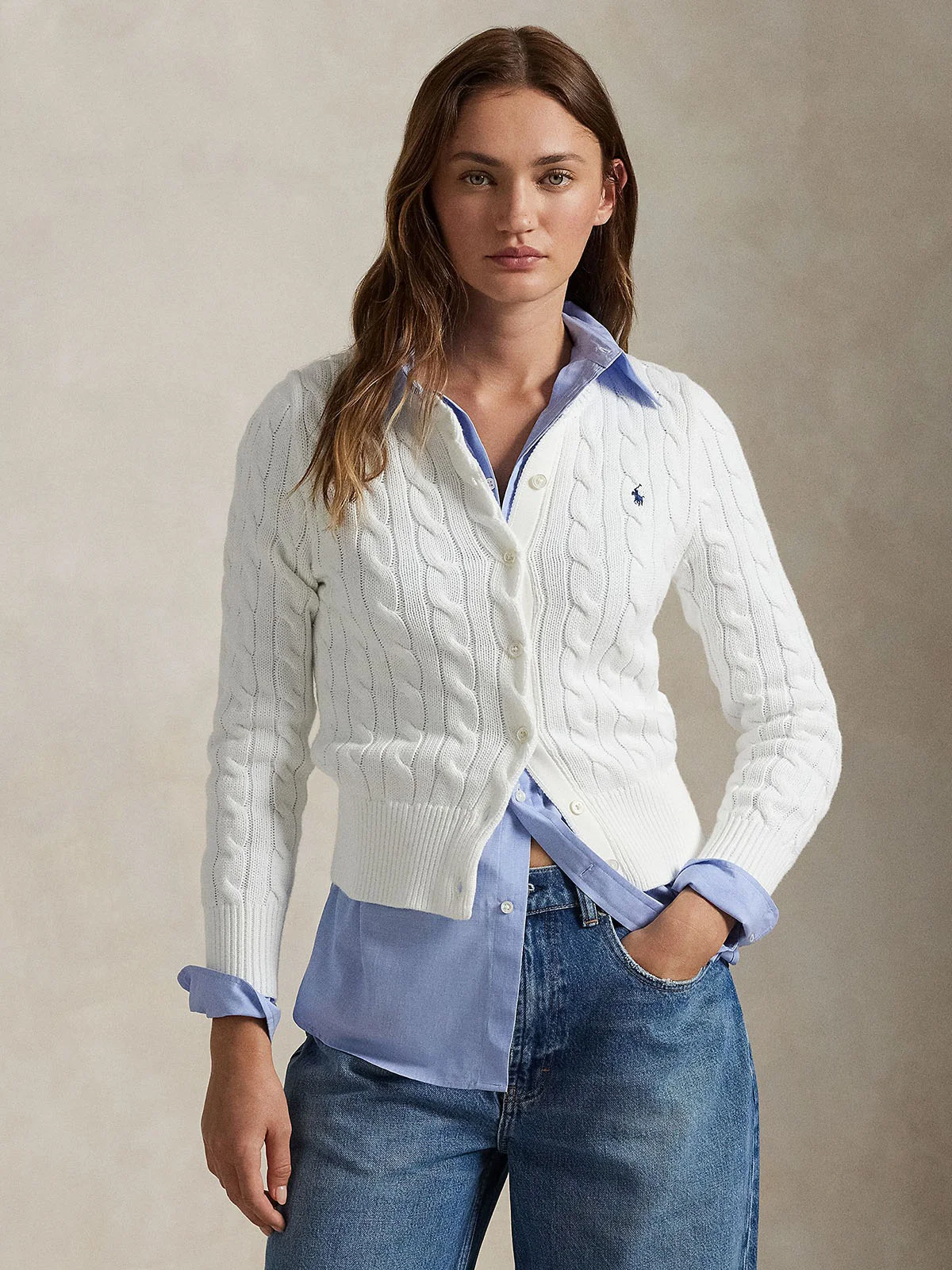 POLO RALPH LAUREN Áo Cardigan Nữ Tay Dài Cable-Knit Cotton Crewneck Cardigan