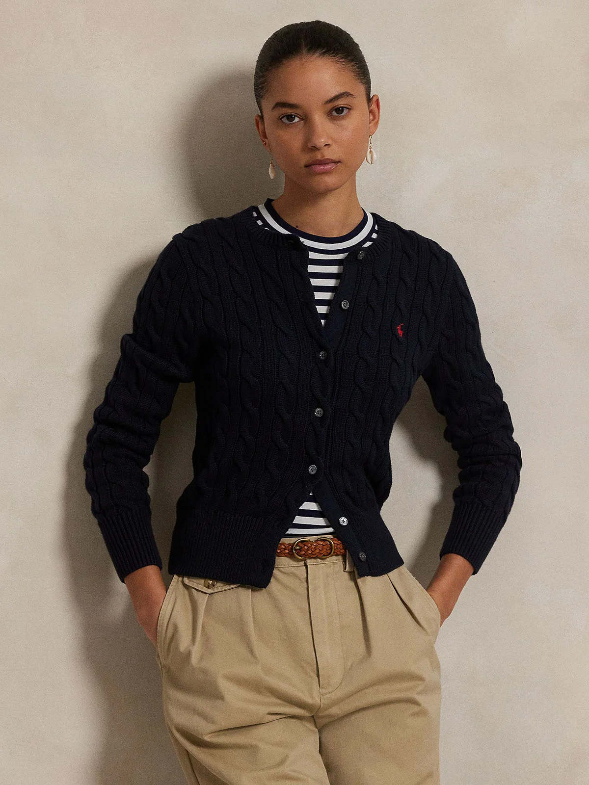 POLO RALPH LAUREN Áo Cardigan Nữ Tay Dài Cable-Knit Cotton Crewneck Cardigan