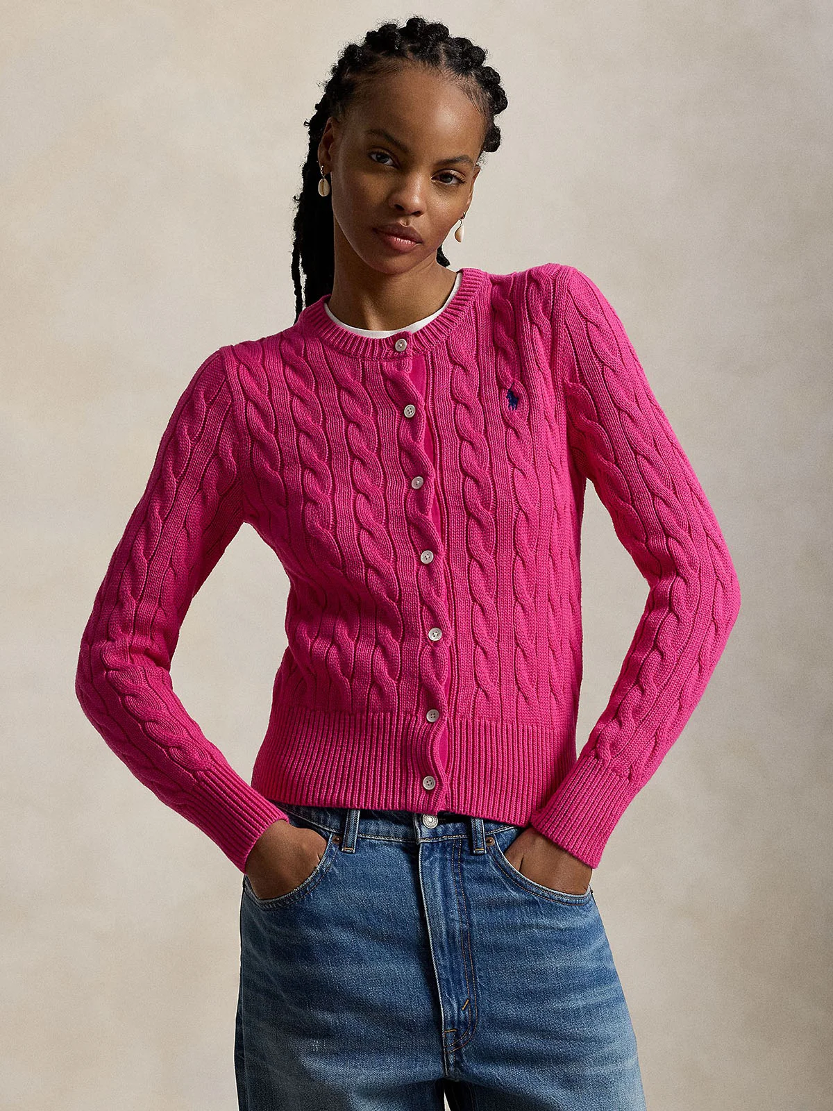 POLO RALPH LAUREN Áo Cardigan Nữ Tay Dài Cable-Knit Cotton Crewneck Cardigan