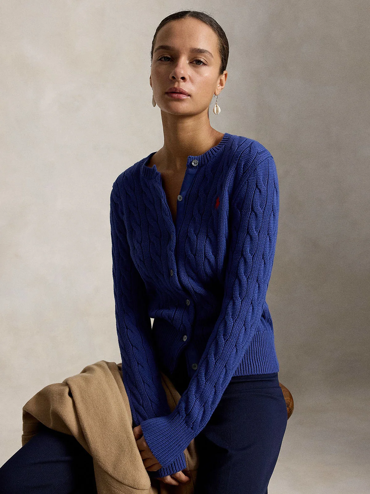 POLO RALPH LAUREN Áo Cardigan Nữ Tay Dài Cable-Knit Cotton Crewneck Cardigan