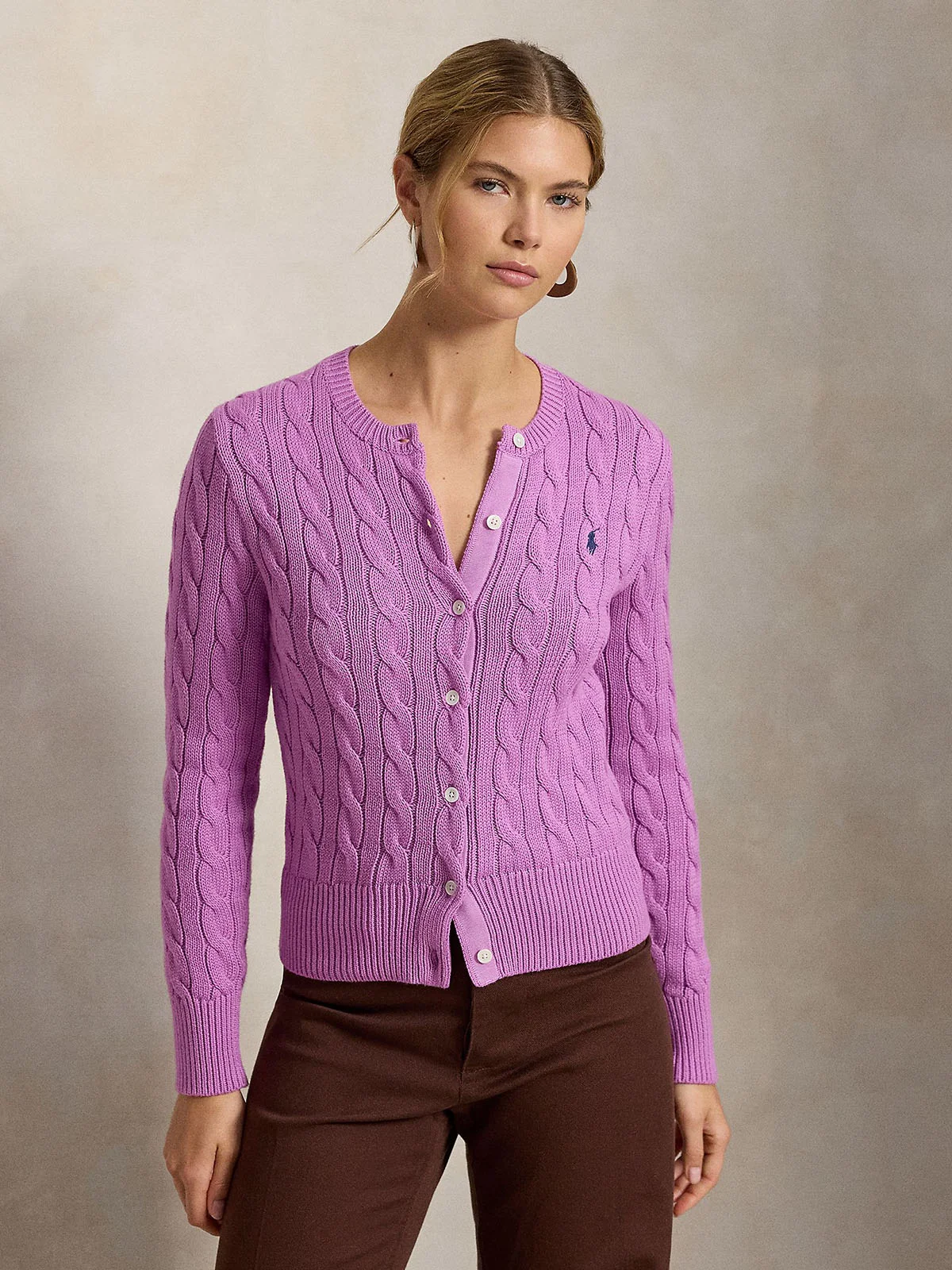 POLO RALPH LAUREN Áo Cardigan Nữ Tay Dài Cable-Knit Cotton Crewneck Cardigan