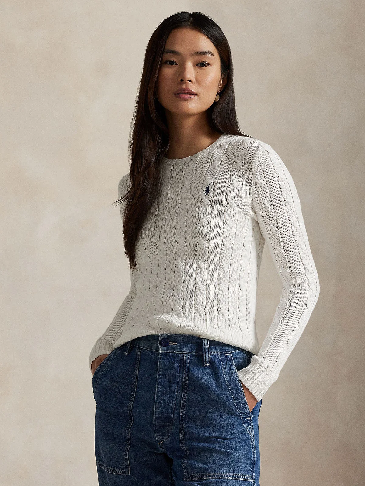 POLO RALPH LAUREN Áo Sweater Nữ Tay Dài Cable-Knit Cotton Crewneck Sweater