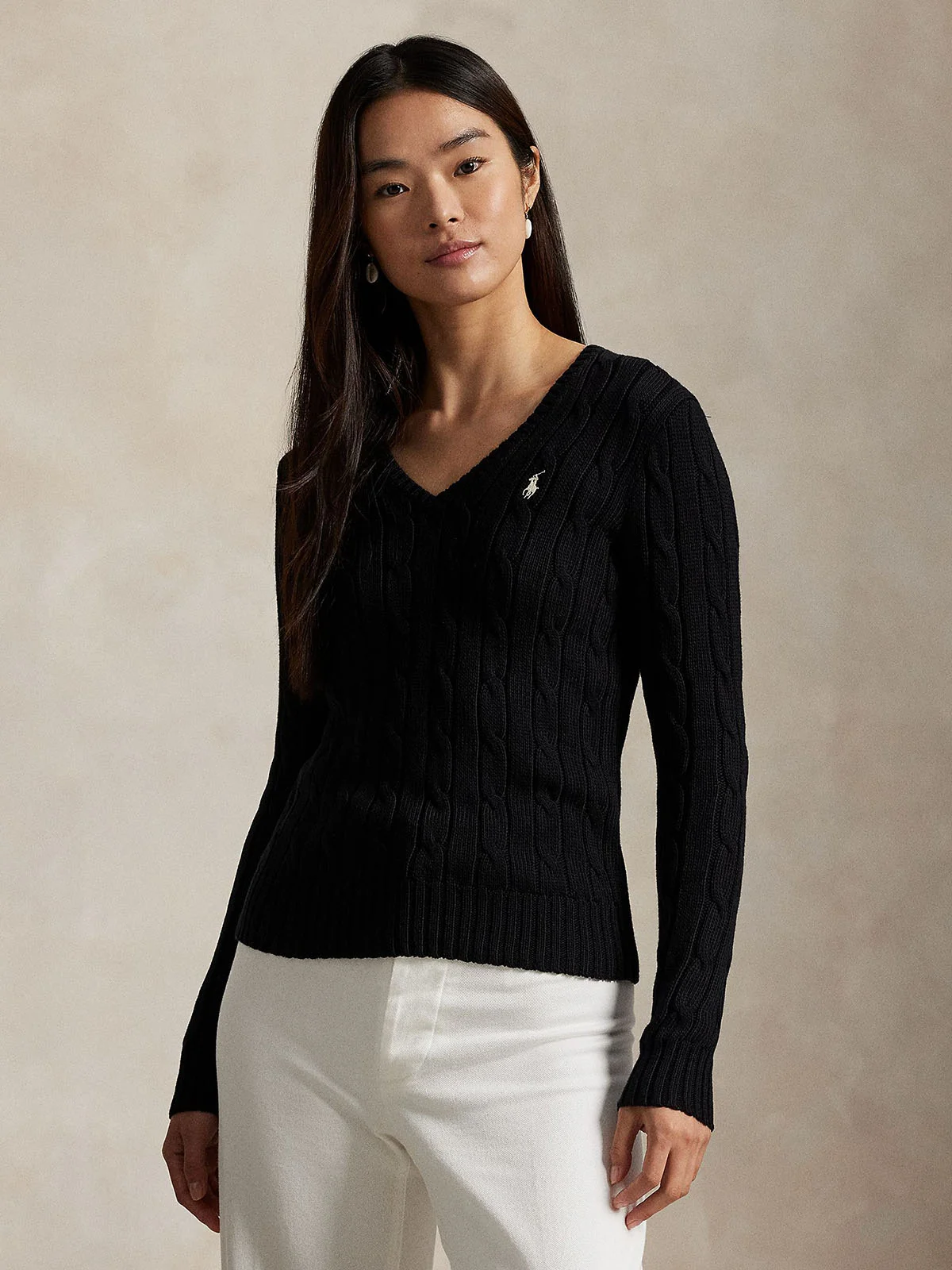 POLO RALPH LAUREN Áo Sweater Nữ Tay Dài Cable-Knit Cotton V-Neck Sweater