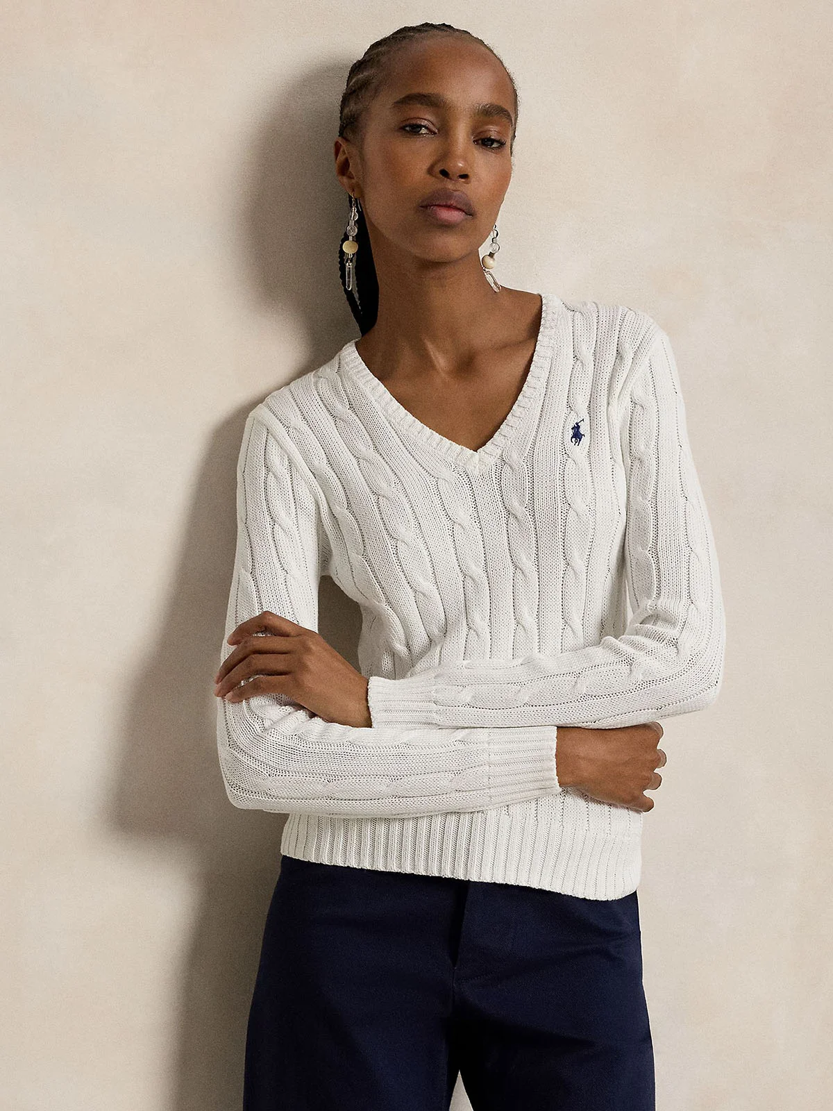 POLO RALPH LAUREN Áo Sweater Nữ Tay Dài Cable-Knit Cotton V-Neck Sweater