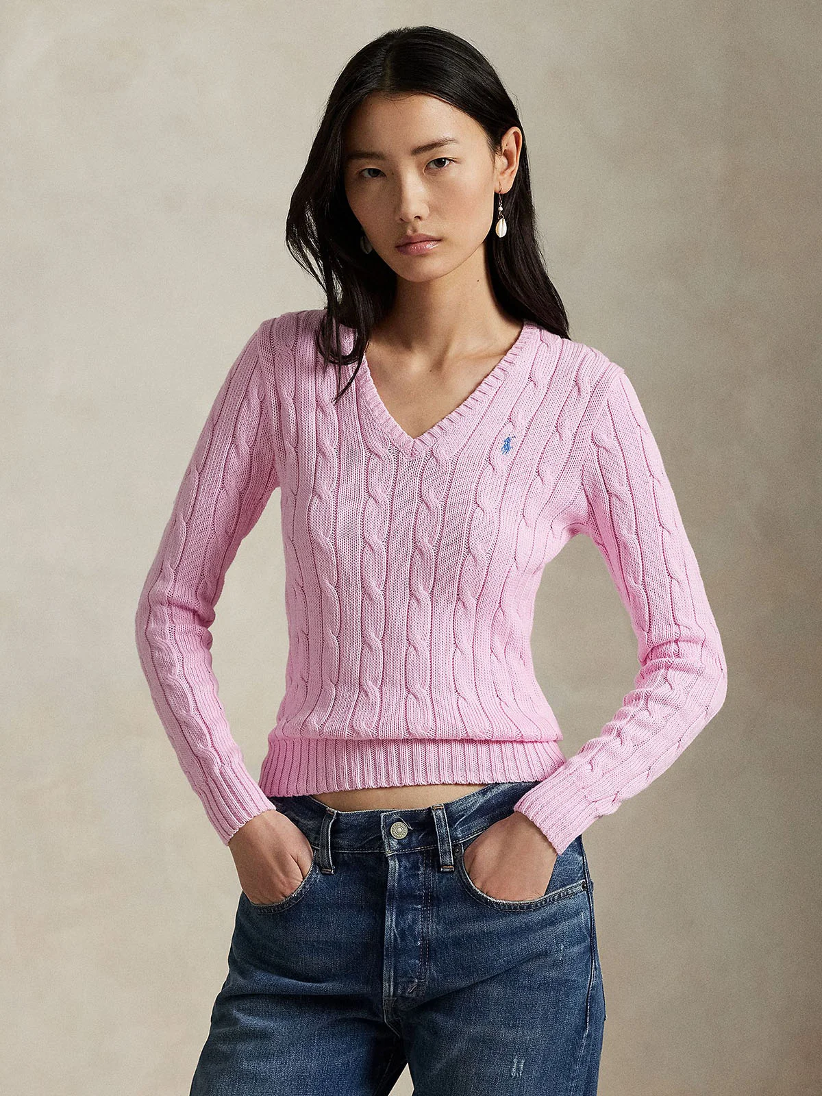 POLO RALPH LAUREN Áo Sweater Nữ Tay Dài Cable-Knit Cotton V-Neck Sweater