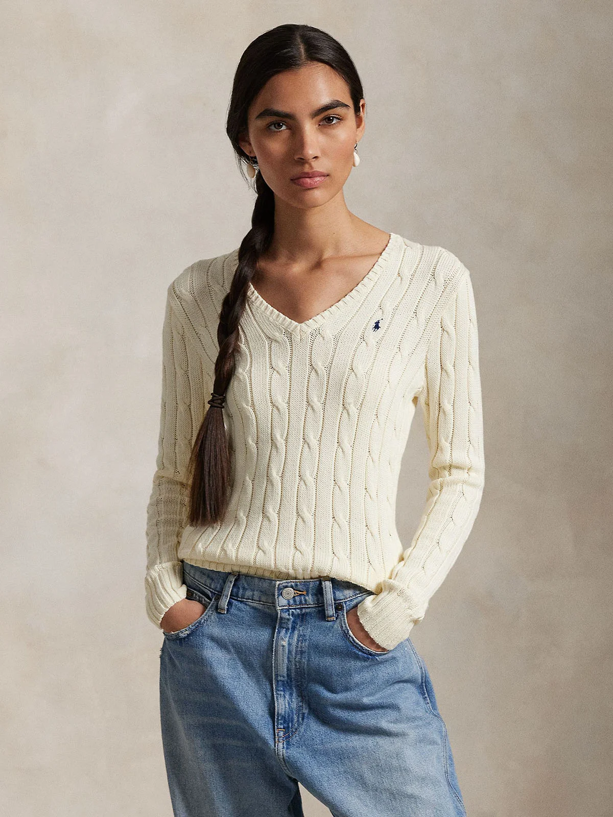 POLO RALPH LAUREN Áo Sweater Nữ Tay Dài Cable-Knit Cotton V-Neck Sweater