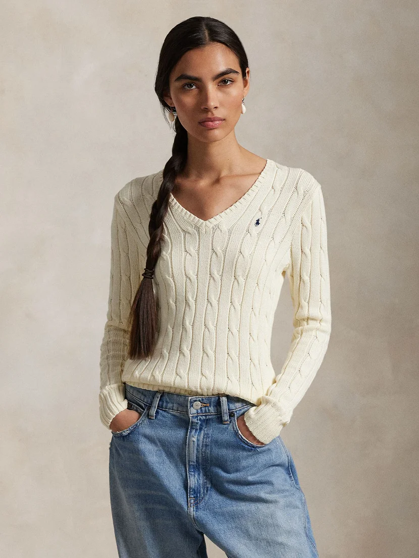 POLO RALPH LAUREN Áo Sweater Nữ Tay Dài Cable-Knit Cotton V-Neck Sweater