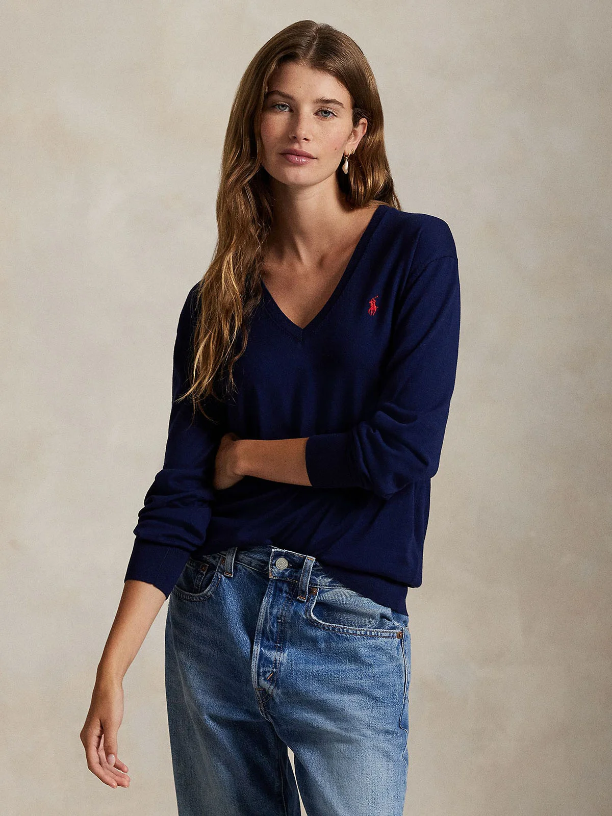 POLO RALPH LAUREN Áo Pullover Nữ Tay Dài Cotton V-Neck Sweater